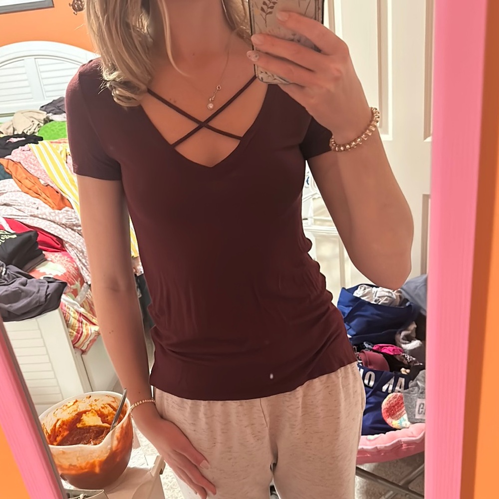 Burgundy Crisscross V-Neck Top